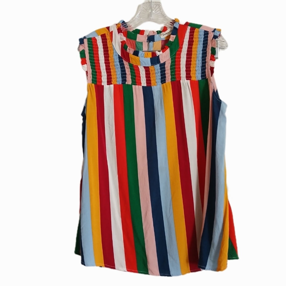 Southern Stitch Size Large 100% Striped Color Block Smocked Top Sleeveless Shirt